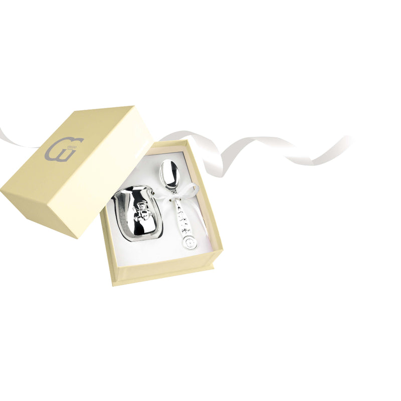 Silver-plated baby cup and spoon set with bear details by Greggio in gift box.