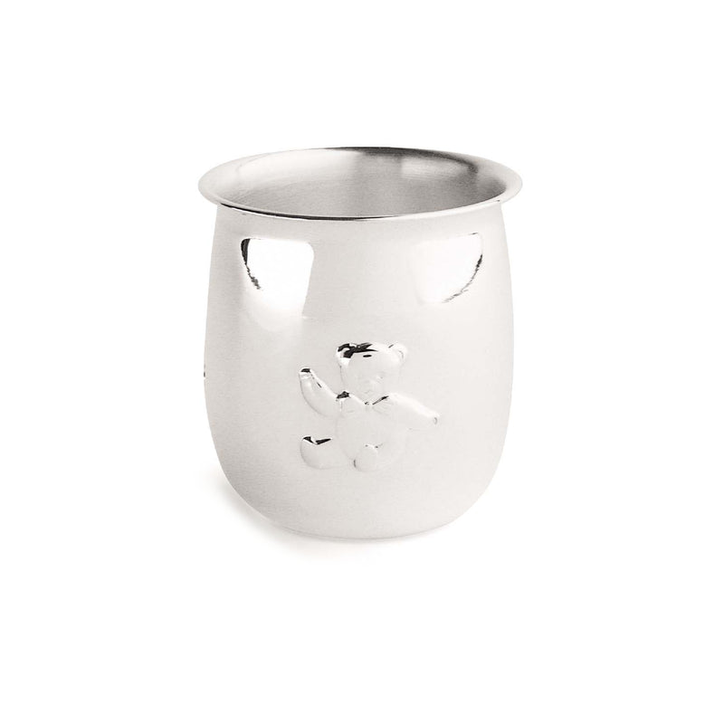 Silver-plated baby cup with bear details by Greggio in gift box.