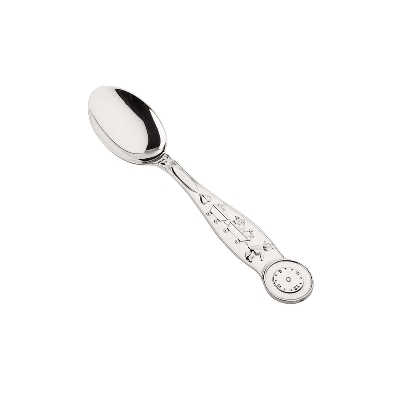 Silver-plated baby spoon set with bear details by Greggio in gift box.