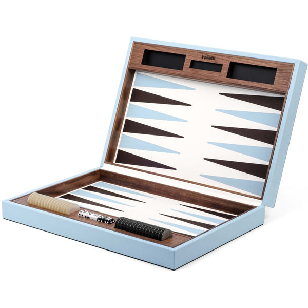 Open backgammon game set in Arctic Blue grained leather by Pinetti with Canaletto walnut interior and ivory, blue, and brown inlay.