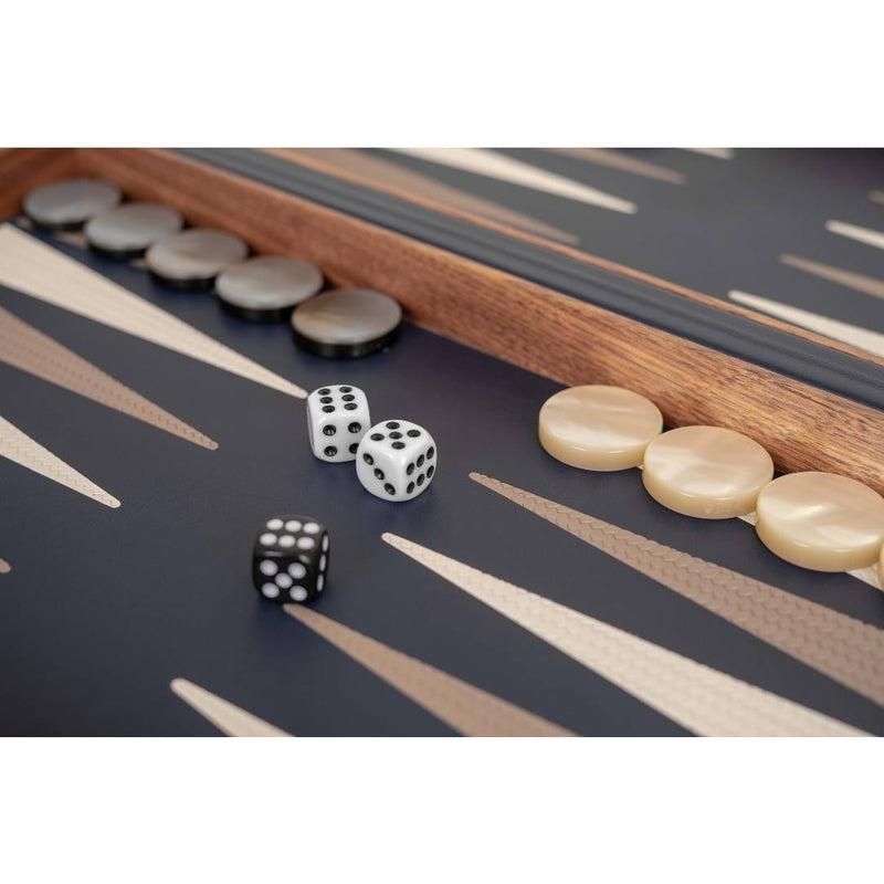 Backgammon board with dice and pieces on a white background