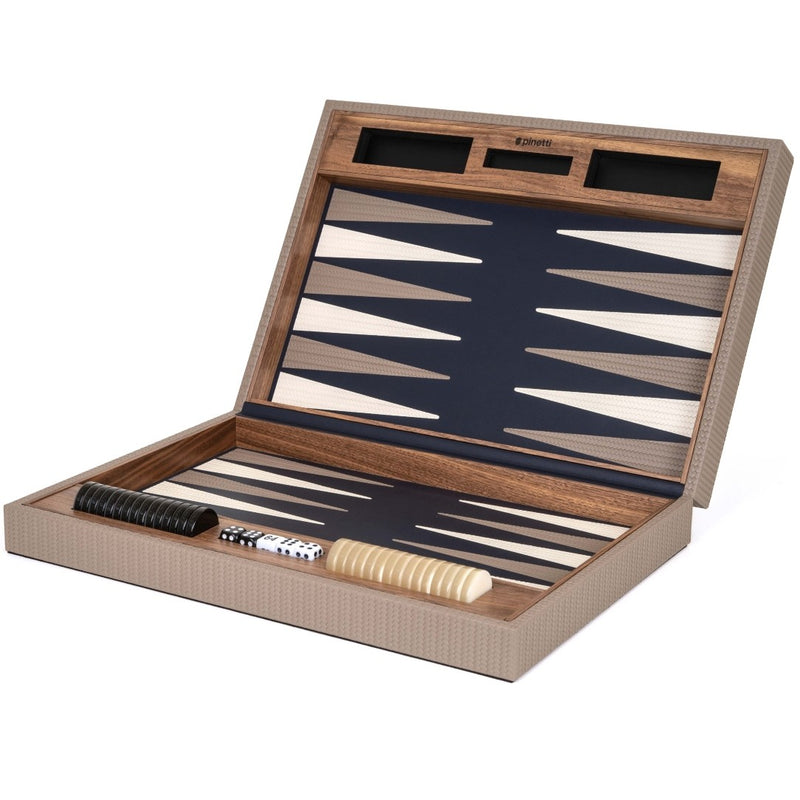 Open Pinetti Backgammon Game Set in taupe woven leather and Canaletto walnut wood with cream and brown leather inlay.