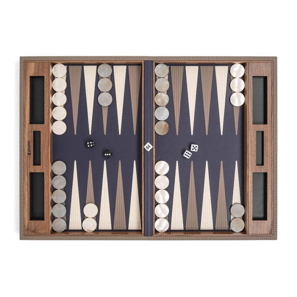 Overhead view of Pinetti Backgammon Set in taupe woven leather with polished checkers and elegant leather inlay.