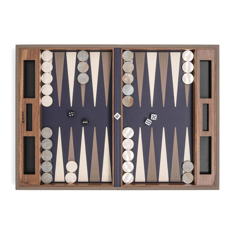 Overhead view of Pinetti Backgammon Set in taupe woven leather with polished checkers and elegant leather inlay.