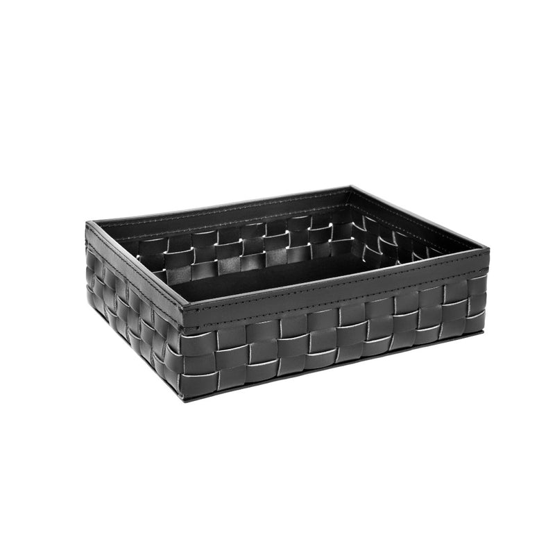 Barcellona rectangular low basket in black outdoor leather by Giobagnara x Riviere, handwoven design suitable for indoor and outdoor use