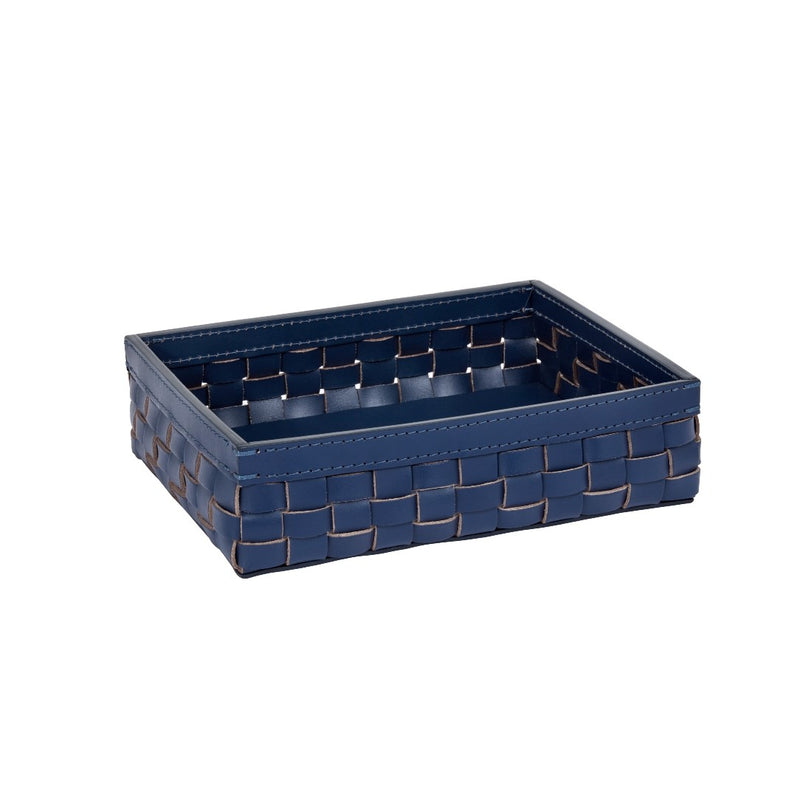 Barcellona rectangular low basket in blue outdoor leather by Giobagnara x Riviere, handwoven design suitable for indoor and outdoor use
