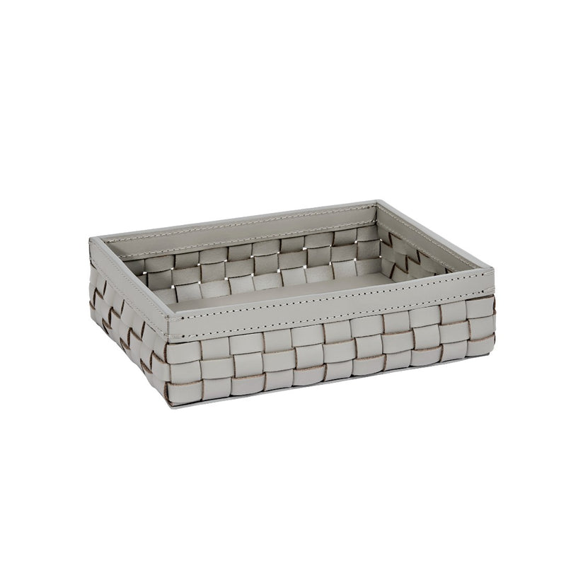 Rectangular woven storage box in grey on a white background
