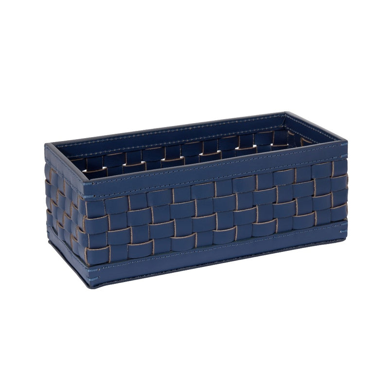 Barcellona rectangular tall basket in blue outdoor leather by Giobagnara x Riviere, handwoven and suitable for indoor and outdoor use