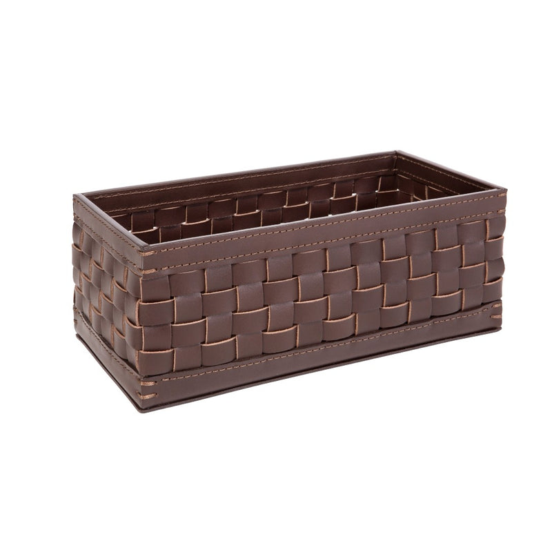 Barcellona rectangular tall basket in brown outdoor leather by Giobagnara x Riviere, handwoven and suitable for indoor and outdoor use