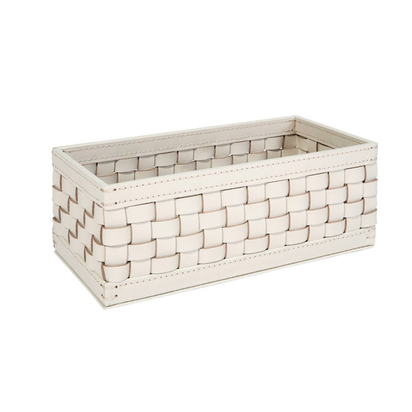 Barcellona rectangular tall basket in ivory outdoor leather by Giobagnara x Riviere, handwoven and suitable for indoor and outdoor use