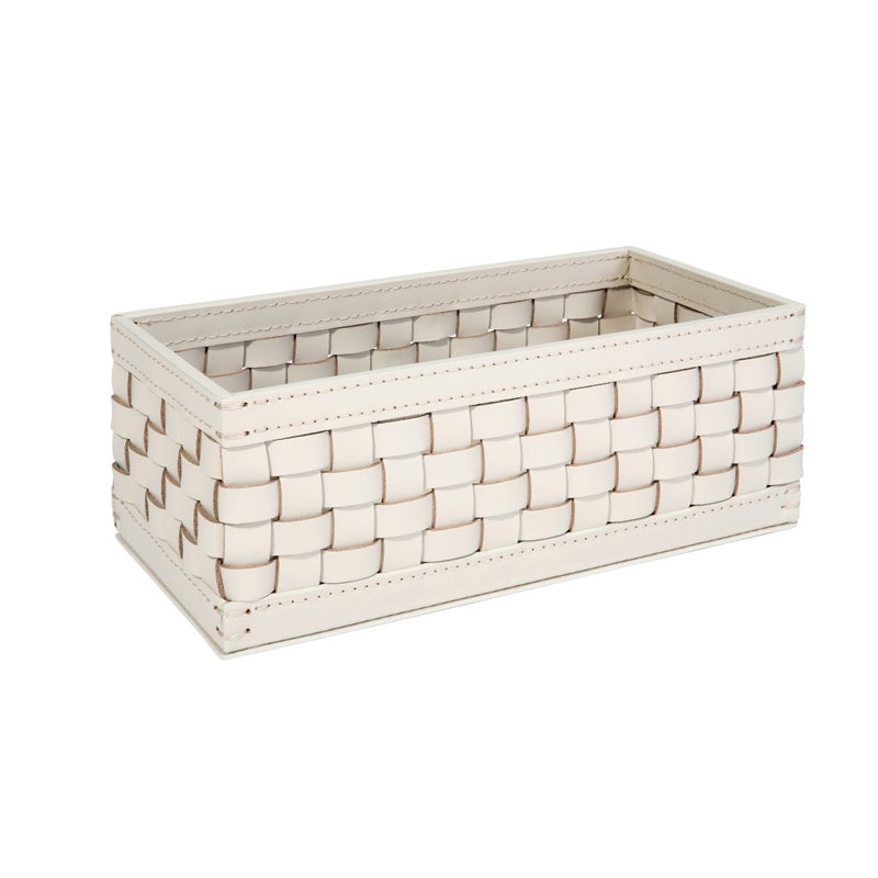 Barcellona rectangular tall basket in ivory outdoor leather by Giobagnara x Riviere, handwoven and suitable for indoor and outdoor use