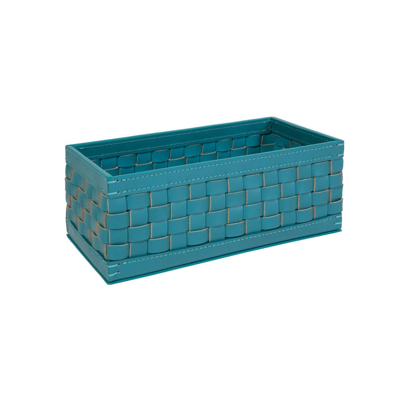 Barcellona rectangular tall basket in turquoise outdoor leather by Giobagnara x Riviere, handwoven and suitable for indoor and outdoor use