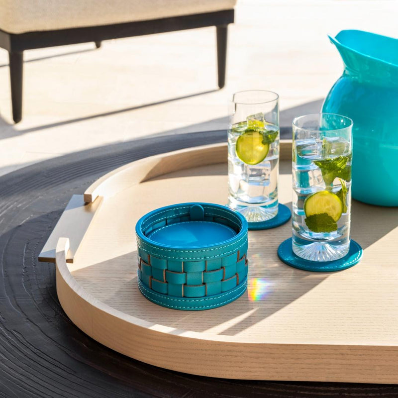 turquoise styled Barcellona round leather coaster holder with 10 coasters by Giobagnara x Riviere