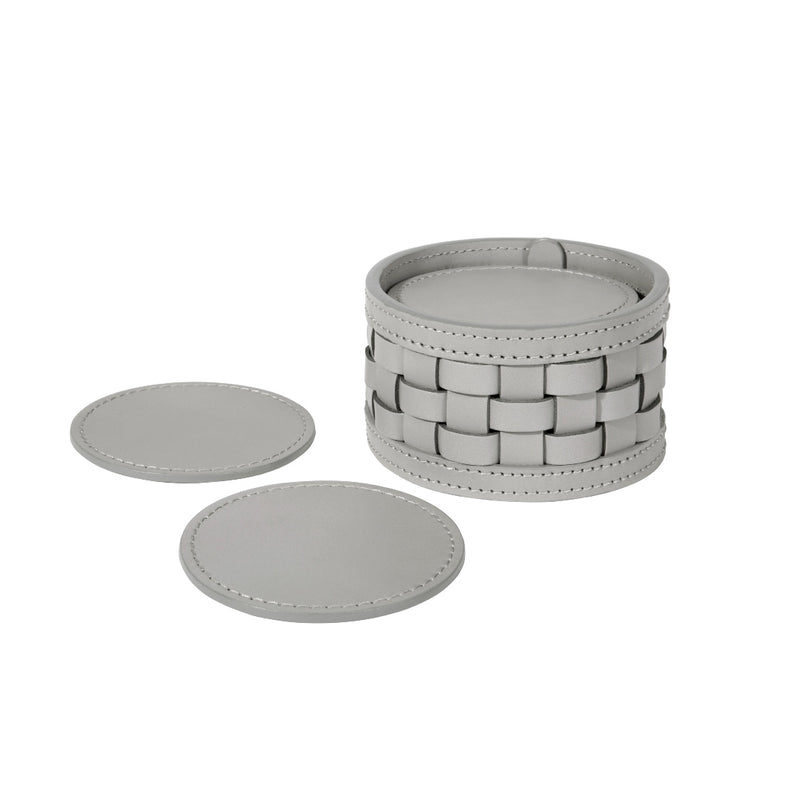 Set of Barcellona gray leather coasters with round coasters on a white background
