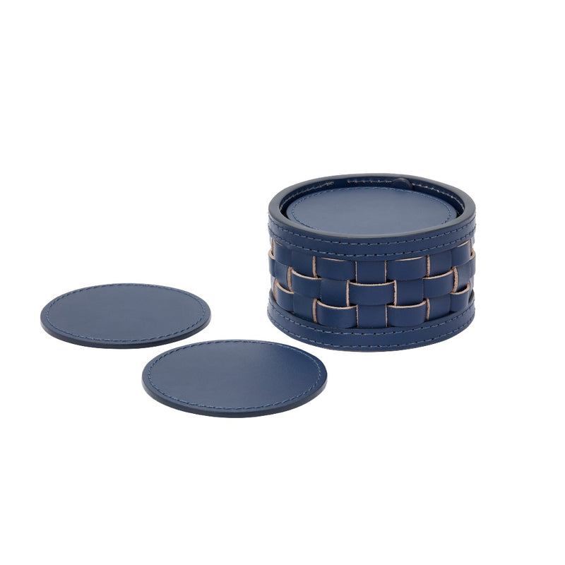 Set of royal blue Barcellona coasters with a round holder on a white background