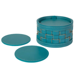 Turquoise Barcellona round leather coaster holder with 10 coasters by Giobagnara x Riviere, luxury Italian table accessory