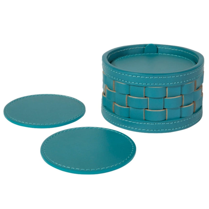 Turquoise Barcellona round leather coaster holder with 10 coasters by Giobagnara x Riviere, luxury Italian table accessory