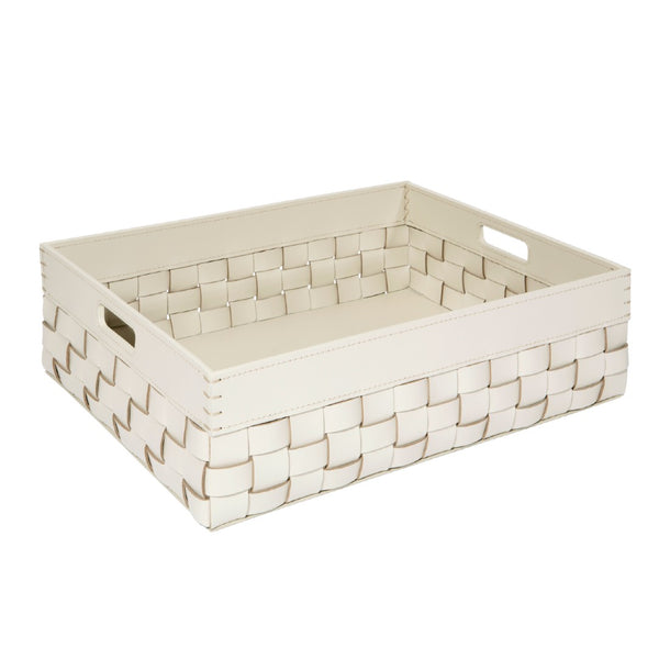 Barcellona woven outdoor leather storage basket with handles in ivory by Giobagnara x Riviere