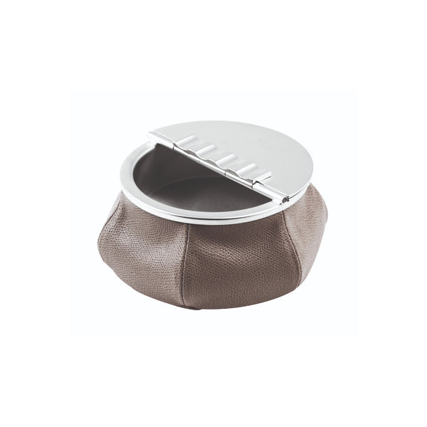 A round ashtray with a leather base and a palladium-plated brass top, colored in a mud shade.