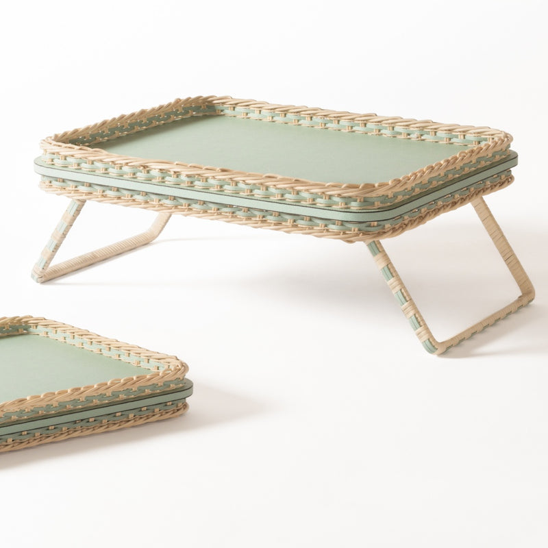 Styled side view of Leather & Rattan Bed Tray 'Reims' by Giobagnara x Pigment France 