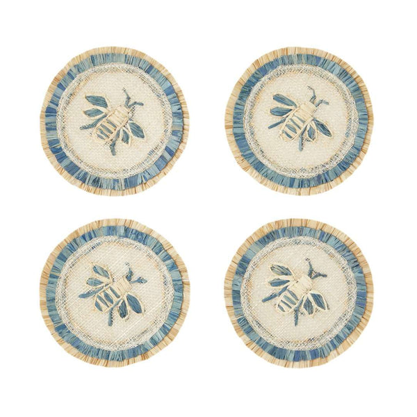 Bee straw drink coaster set of 4 with blue stripe by Joanna Buchanan, embroidered summer table decor
