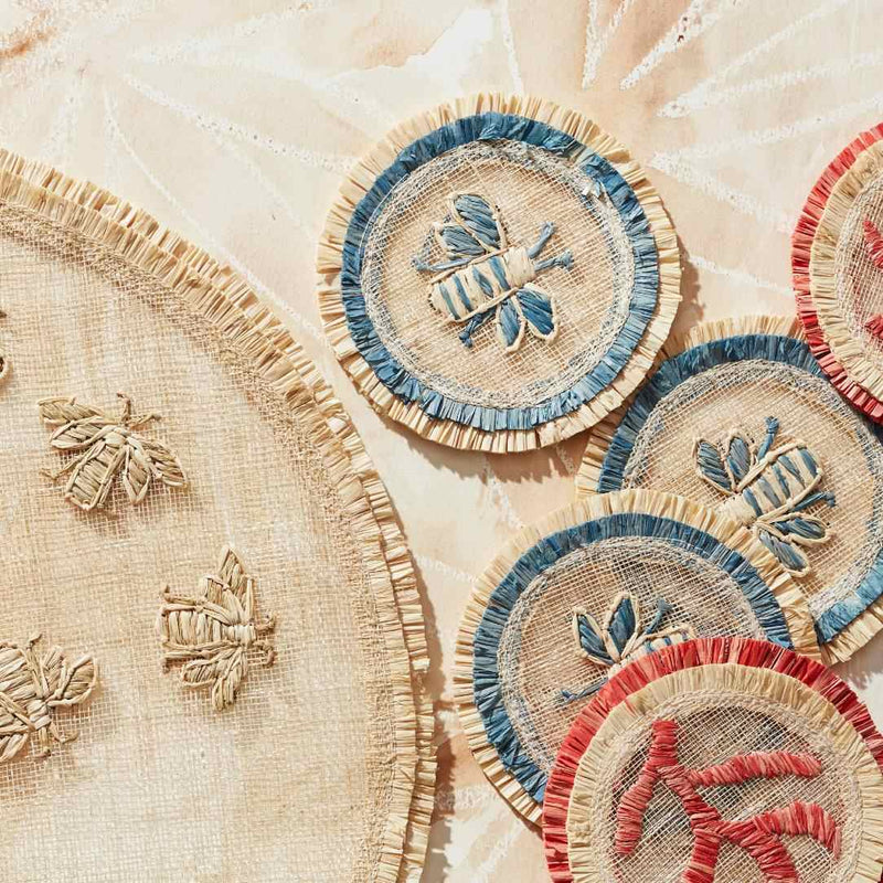 styled Bee straw drink coaster with blue stripe by Joanna Buchanan, embroidered summer table decor