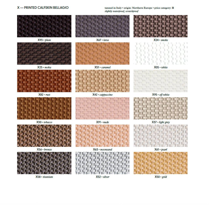 Color swatch chart for Bellagio printed calfskin leather with various shades for Belgravia square tray page 1