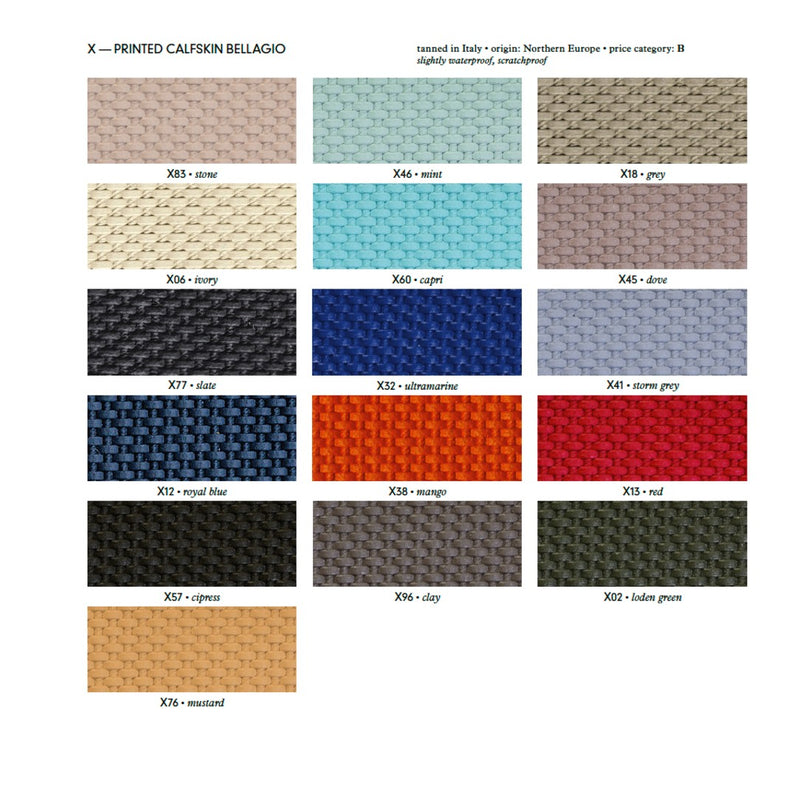 Color swatch chart for printed calfskin leather Bellagio with various color names Page 1