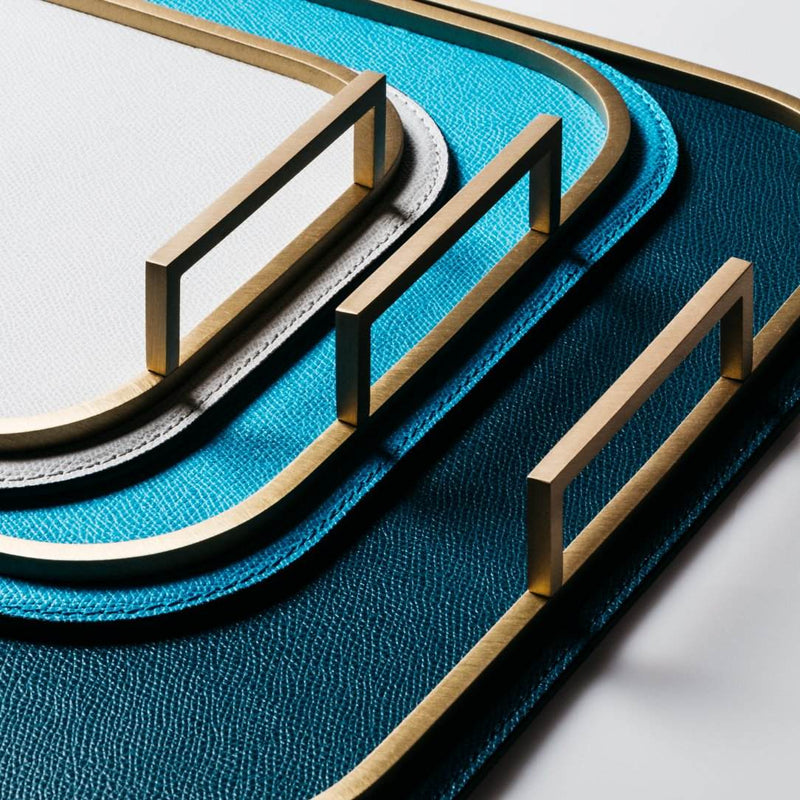 Close-up of Bellini rectangular leather tray with brass frame and handles by Giobagnara