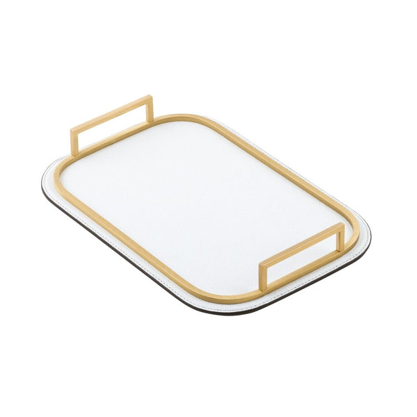Bellini rectangular white leather tray with brass frame and handles by Giobagnara