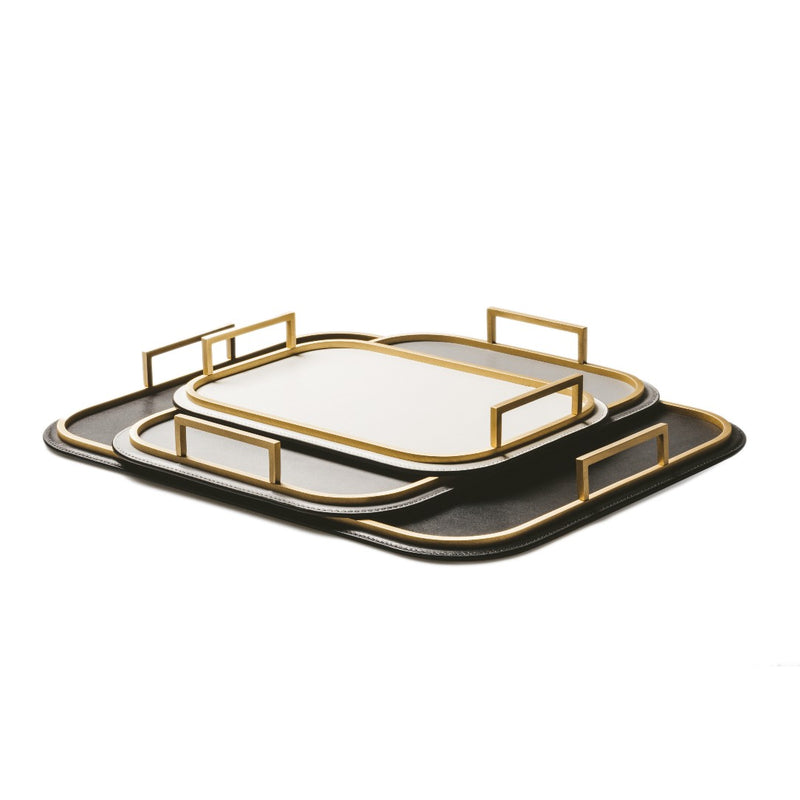 Bellini rectangular leather trays with brass frame and handles by Giobagnara on a white background