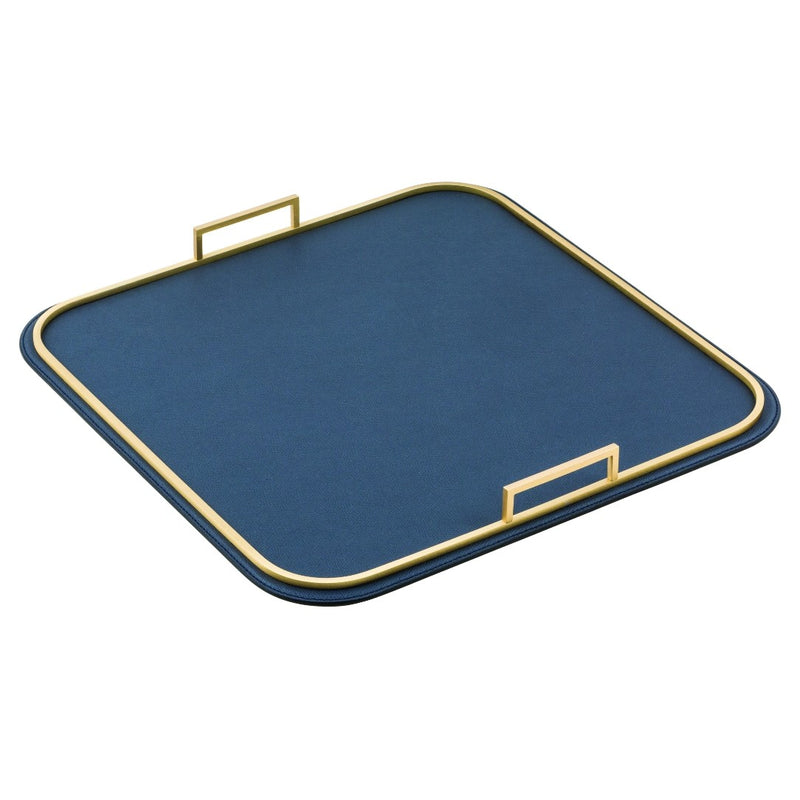 Bellini square leather tray with brass frame and handles large by Giobagnara