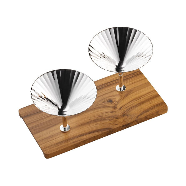 Belvedere silver-plated snackbar with two fluted bowls on a wooden base by Robbe & Berking