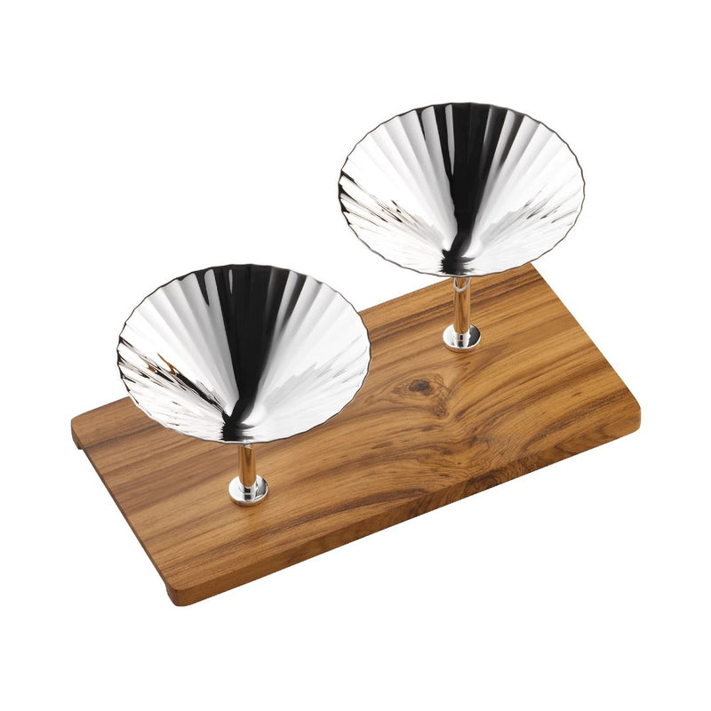 Belvedere silver-plated snackbar with two fluted bowls on a wooden base by Robbe & Berking
