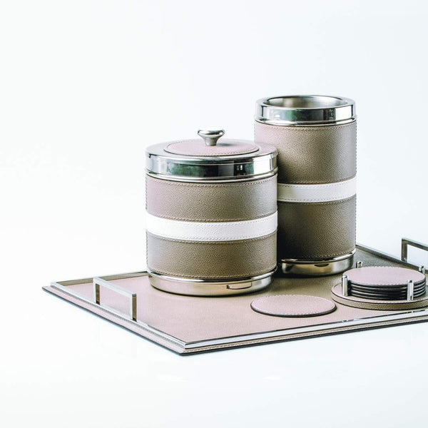 Bicolor leather bottle cooler Ocean by Giobagnara, insulated wine chiller with chrome-plated steel finish