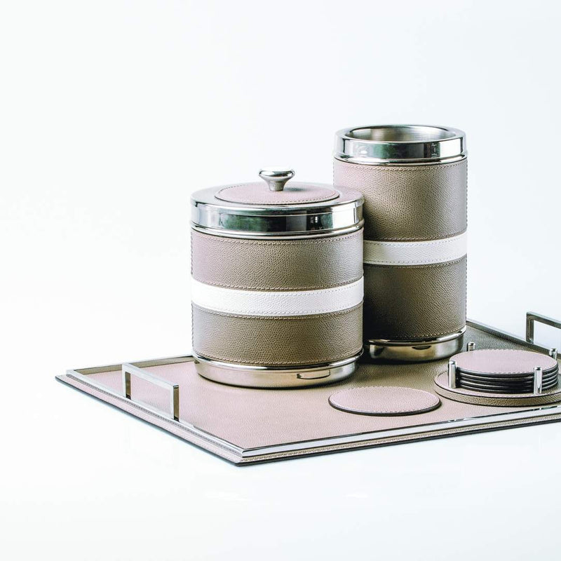 Bicolor leather bottle cooler Ocean by Giobagnara, insulated wine chiller with chrome-plated steel finish