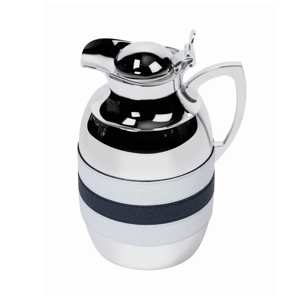 Luxury bicolor insulated carafe by Giobagnara in chrome-plated brass with Wild Boar printed calfskin leather – handcrafted Italian design.