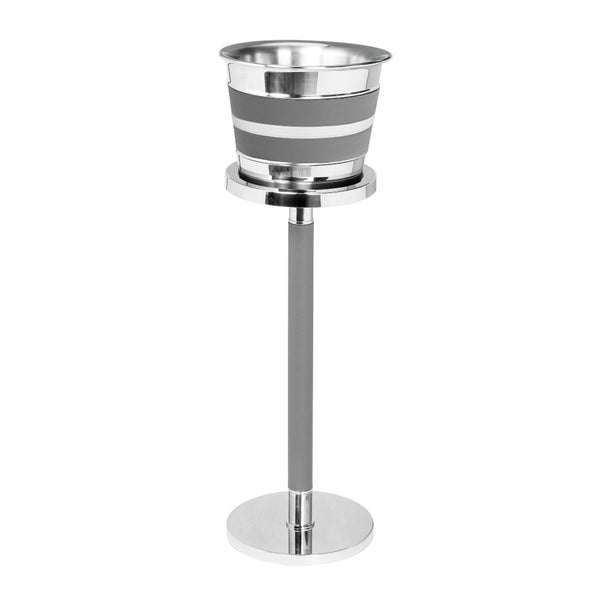 Bicolor leather and stainless steel champagne bucket with stand by Giobagnara, luxury wine service accessory for 2-3 botles