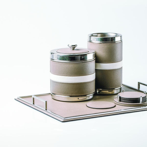 Styled Luxury bicolor leather ice bucket with chrome-plated lid by Giobagnara on a tray