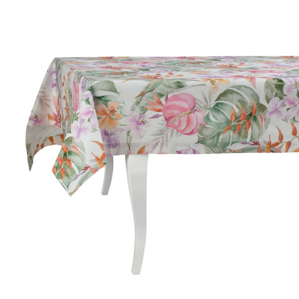 Floral tablecloth on a white table with a white background