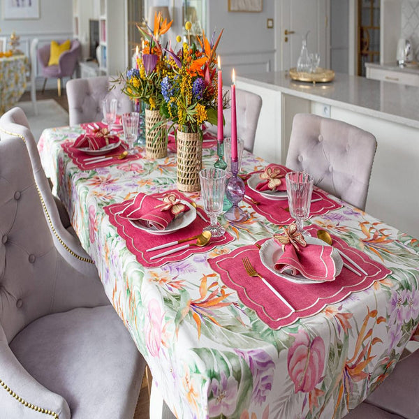 Roseberry Home Bird of Paradise cotton tablecloth with tropical bird and floral print, styled for exotic outdoor dining or vibrant interiors