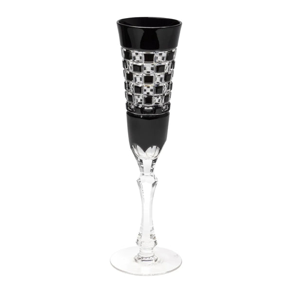 Black Diamond champagne flute in black crystal with hand-cut check-pattern design by Cristallerie de Montbronn.