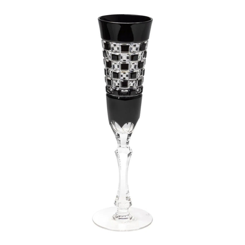 Black Diamond champagne flute in black crystal with hand-cut check-pattern design by Cristallerie de Montbronn.