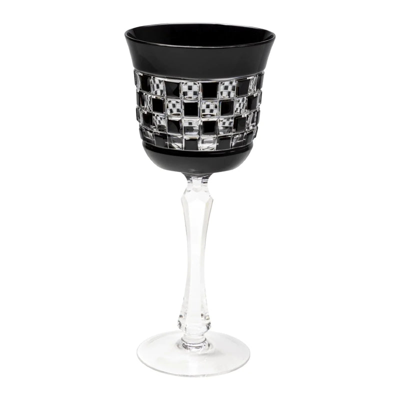 Black Diamond water glass in black crystal with hand-cut check-pattern design by Cristallerie de Montbronn.
