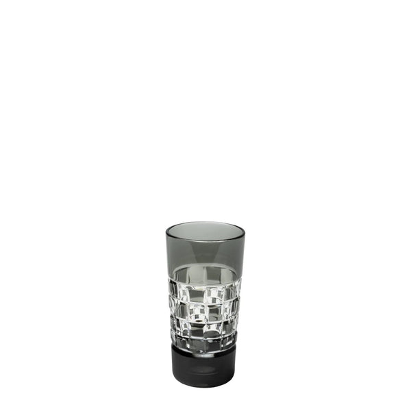 Black Diamond vodka shot glass in black crystal with hand-cut check-pattern design by Cristallerie de Montbronn.
