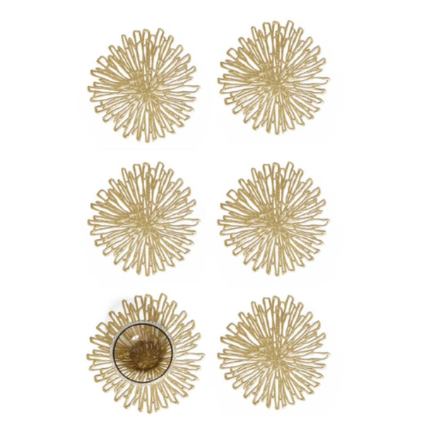 Bloom coaster set of 6 in gold pressed vinyl, floral metallic table accessory