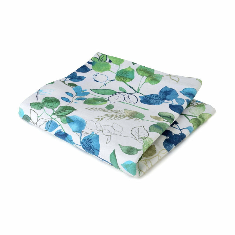 Blue Sparrow round cotton tablecloth with blue bird print by Roseberry Home folded