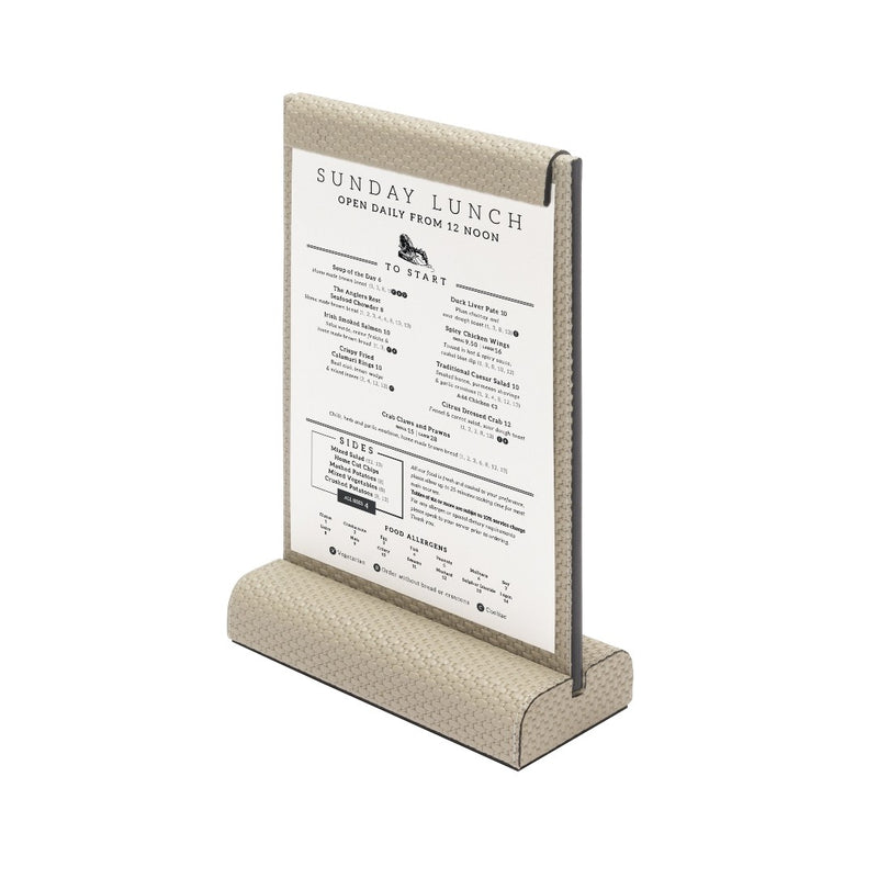 Styled Magnetic menu stand from the Boston collection by Giobagnara, handcrafted in Bellagio leather with magnetic flaps for elegant display in luxury settings.