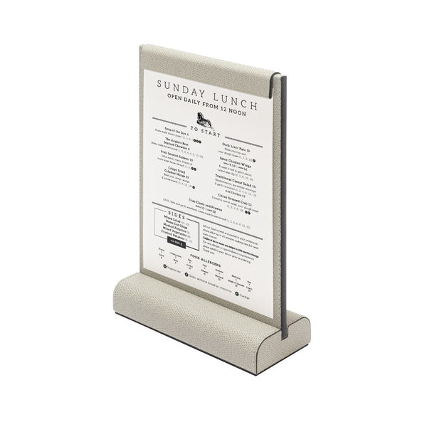 Styled with paper Leather magnetic menu stand from the Boston collection by Giobagnara, handcrafted in luxurious calfskin with magnetic flaps for secure menu display.