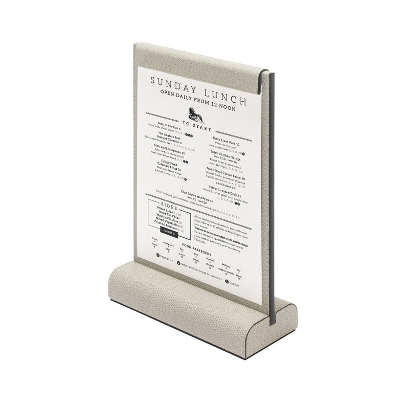 Styled with paper Leather magnetic menu stand from the Boston collection by Giobagnara, handcrafted in luxurious calfskin with magnetic flaps for secure menu display.